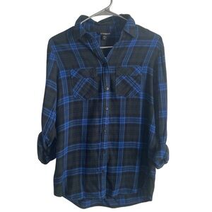 NWT EXPRESS Oversized Flannel Plaid Button Up Shirt blue black green size XS